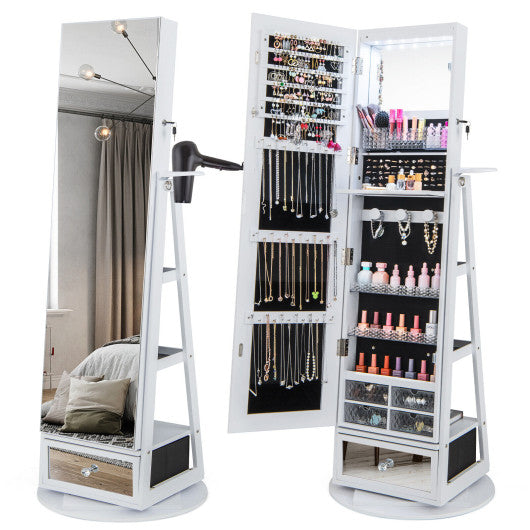 Lockable 360° Swivel Jewelry Cabinet with Full-Length Mirror LED Lights-White