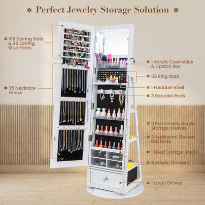 Lockable 360° Swivel Jewelry Cabinet with Full-Length Mirror LED Lights-White