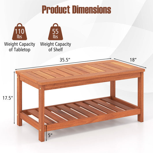 2-Tier Patio Coffee Table with Slatted Tabletop and Shelf