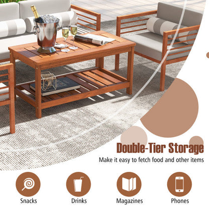 2-Tier Patio Coffee Table with Slatted Tabletop and Shelf