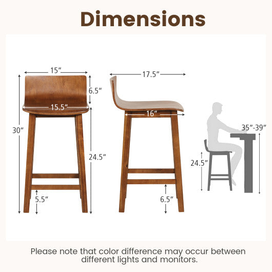 Wood Bar Stools Set of 2 with Solid Back and Seat