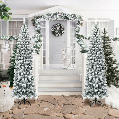 7.5 Feet Unlit Hinged Snow Flocked Artificial Pencil Christmas Tree with 641 Tips