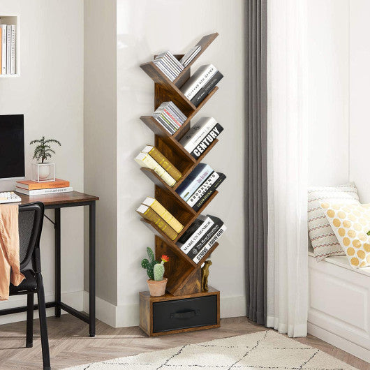 10-tier Tree Bookshelf with Drawer Free-standing Storage Bookcase