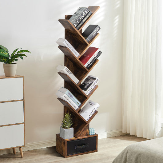 10-tier Tree Bookshelf with Drawer Free-standing Storage Bookcase