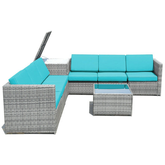 8 Piece Wicker Sofa Rattan Dinning Set Patio Furniture with Storage Table-Turquoise