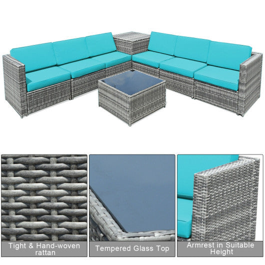 8 Piece Wicker Sofa Rattan Dinning Set Patio Furniture with Storage Table-Turquoise