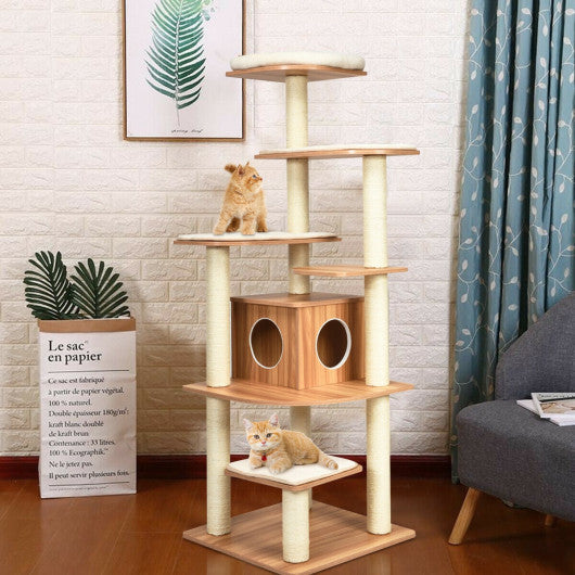 7-Layer Wooden Cat Tree Tall Cat Tower with Sisal Posts and Condo-Natural