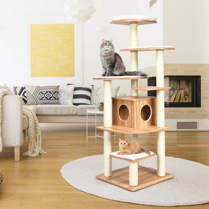 7-Layer Wooden Cat Tree Tall Cat Tower with Sisal Posts and Condo-Natural