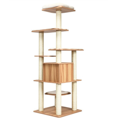 7-Layer Wooden Cat Tree Tall Cat Tower with Sisal Posts and Condo-Natural