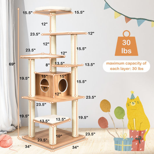 7-Layer Wooden Cat Tree Tall Cat Tower with Sisal Posts and Condo-Natural