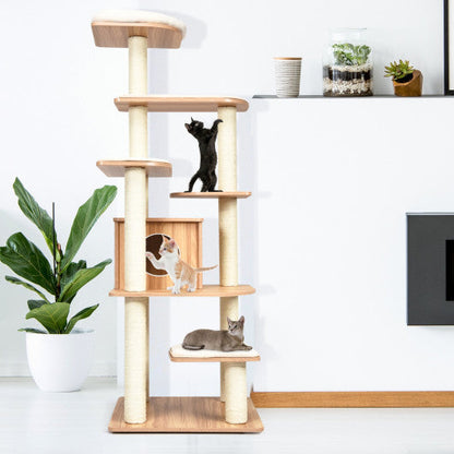 7-Layer Wooden Cat Tree Tall Cat Tower with Sisal Posts and Condo-Natural