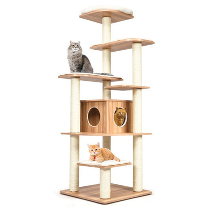 7-Layer Wooden Cat Tree Tall Cat Tower with Sisal Posts and Condo-Natural