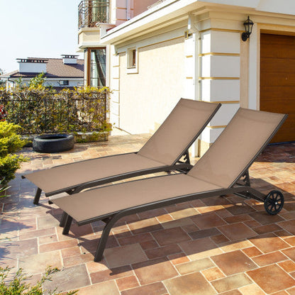 6-Poisition Adjustable Outdoor Chaise Recliner with Wheels-Brown