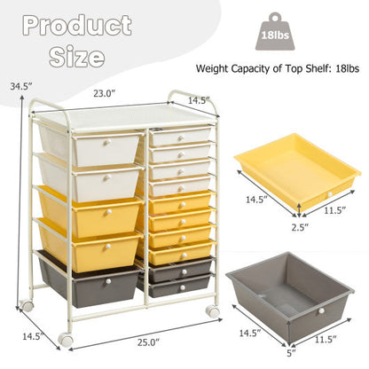 15-Drawer Storage Rolling Organizer Cart-Yellow