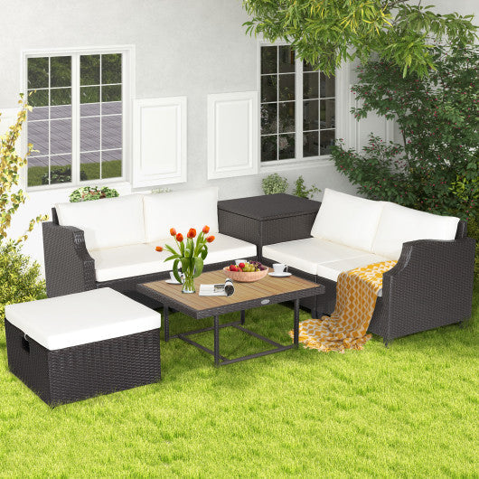 7 Pieces Hand-Woven Wicker Outdoor Furniture Set with Acacia Wood Coffee Table-White