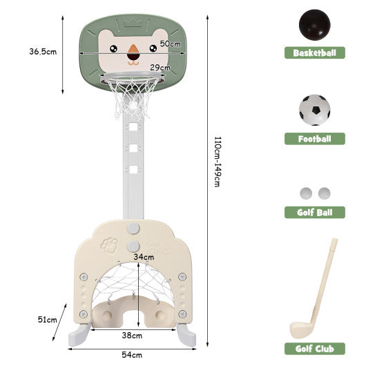 3-in-1 Adjustable Kids Basketball Hoop Sports Set-Green