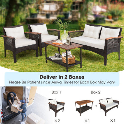 4 Pieces Patio Rattan Acacia Wood Furniture Set with Cushions and Armrest