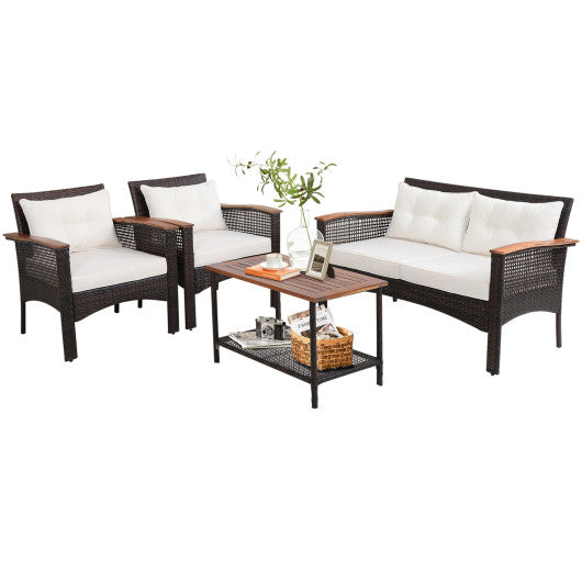 4 Pieces Patio Rattan Acacia Wood Furniture Set with Cushions and Armrest