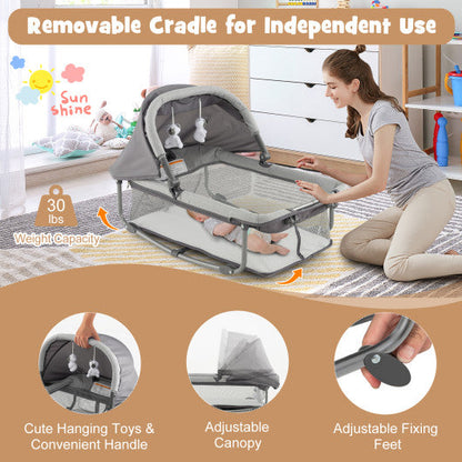 5-in-1 Portable Baby Playard with Cradle and Storage Basket-Gray