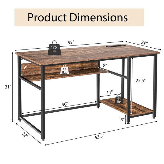 55 Inch Computer Desk with Power Outlets and USB Ports for Home and Office-Rustic Brown