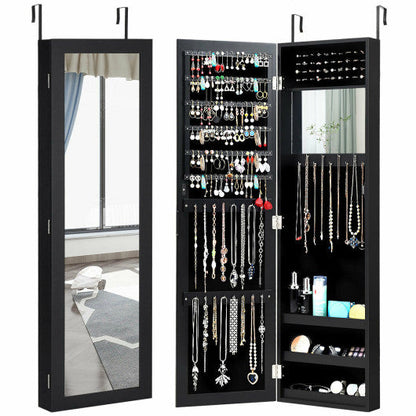 Full Length Mirror Jewelry Cabinet with Ring Slots and Necklace Hooks-Black