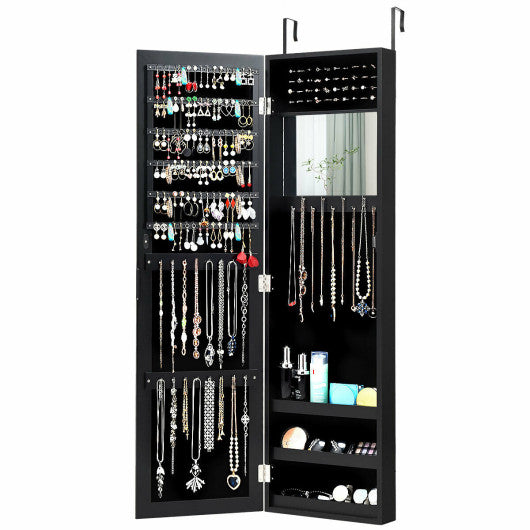 Full Length Mirror Jewelry Cabinet with Ring Slots and Necklace Hooks-Black