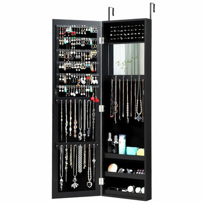 Full Length Mirror Jewelry Cabinet with Ring Slots and Necklace Hooks-Black