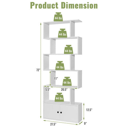 6-Tier S-Shaped Freestanding Bookshelf with Cabinet and Doors-White