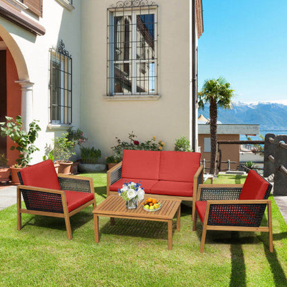 4 Pieces Patio Rattan Furniture Set with Removable Cushions-Red