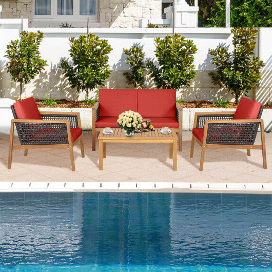 4 Pieces Patio Rattan Furniture Set with Removable Cushions-Red