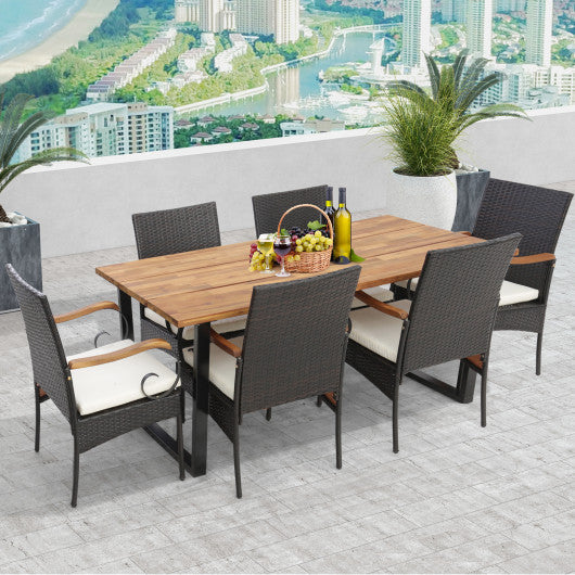 7 Pieces Patio Rattan Dining Set with 2 Inches Umbrella Hole-Curved Handrail