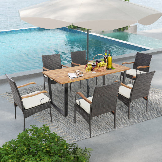 7 Pieces Patio Rattan Dining Set with 2 Inches Umbrella Hole-Curved Handrail