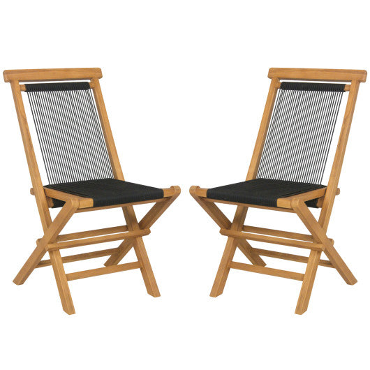 2 Piece Patio Folding Chairs with Woven Rope Seat and Back for Porch Backyard Poolside