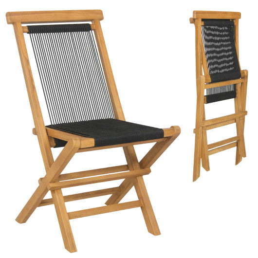 2 Piece Patio Folding Chairs with Woven Rope Seat and Back for Porch Backyard Poolside