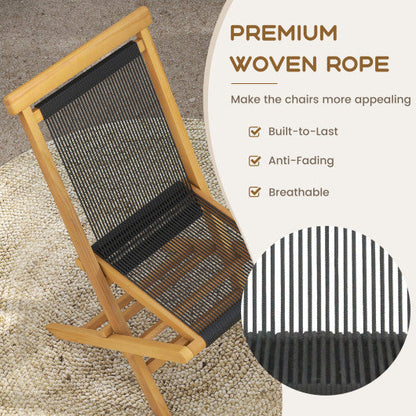 2 Piece Patio Folding Chairs with Woven Rope Seat and Back for Porch Backyard Poolside