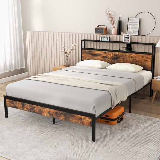 Twin/Full/Queen Bed Frame with Storage Headboard and Charging Station-Queen Size