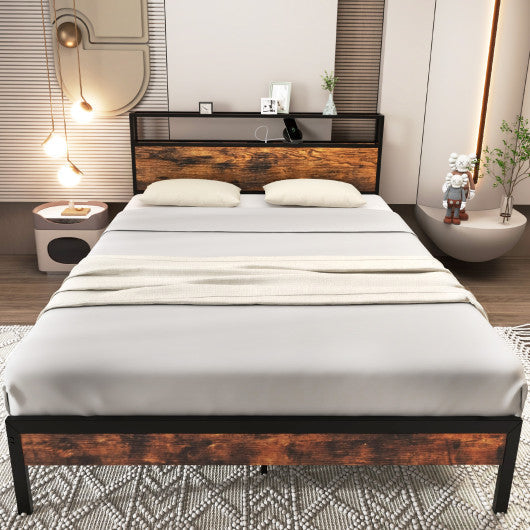 Twin/Full/Queen Bed Frame with Storage Headboard and Charging Station-Queen Size