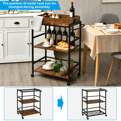 3-Tier Kitchen Serving Bar Cart with Lockable Casters and Handle Rack for Home Pub-Rustic Brown