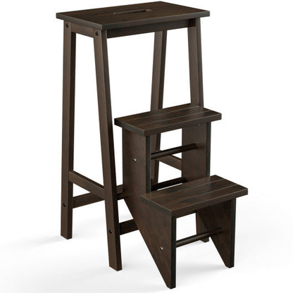 3-in-1 Rubber Wood 3 Tier Folding Step Stool Ladder Storage Shelf-Brown