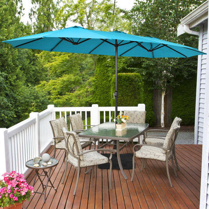 15 Feet Double-Sided Twin Patio Umbrella with Crank and Base-Turquoise