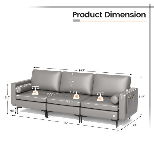 3-Seat Sofa Sectional with Side Storage Pocket and Metal Leg-Light Gray