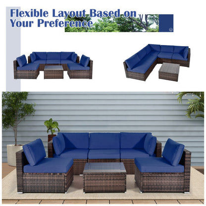 6 Pieces Patio Rattan Furniture Set with Cushions and Glass Coffee Table-Navy