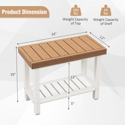 2-Tier HDPE Shower Chair with Storage Shelf and Anti-slip Foot Pads for Bath Spa-Brown