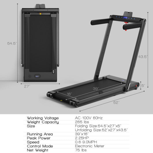 2-in-1 Folding Treadmill with Dual LED Display-Black