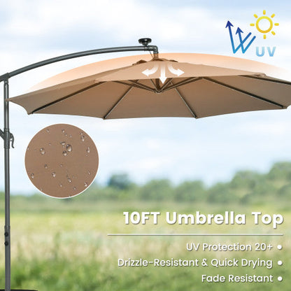 10 Feet Cantilever Umbrella with 32 LED Lights and Solar Panel Batteries-Tan