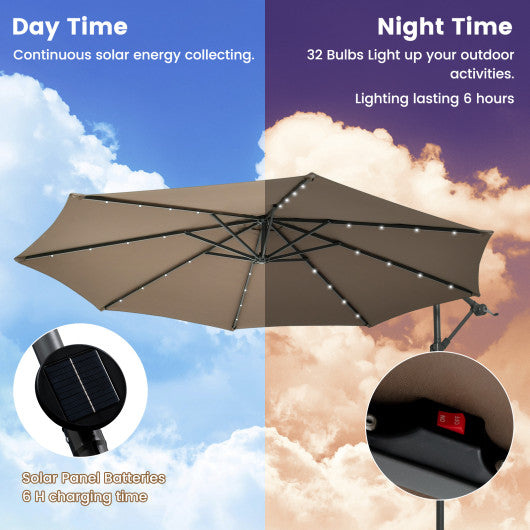 10 Feet Cantilever Umbrella with 32 LED Lights and Solar Panel Batteries-Tan