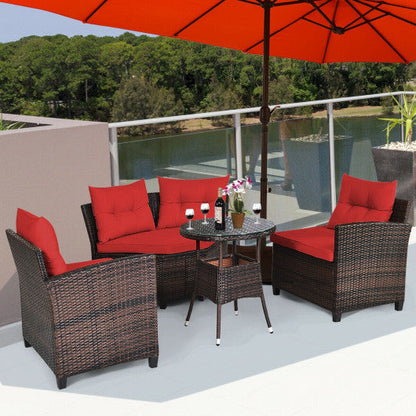 4 Pieces Outdoor Cushioned Rattan Furniture Set-Red