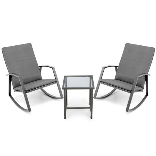 3 Pieces Patio Rattan Rocking Furniture Set-Gray