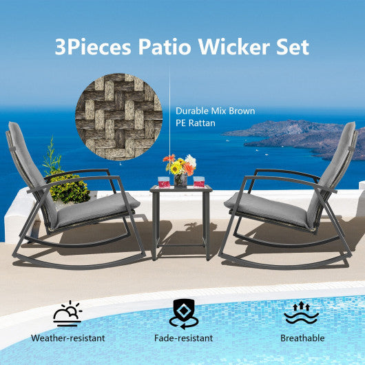 3 Pieces Patio Rattan Rocking Furniture Set-Gray