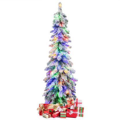 4 Feet Pre-Lit Artificial Christmas Tree Snow-Flocked Slim Pencil Xmas Decor